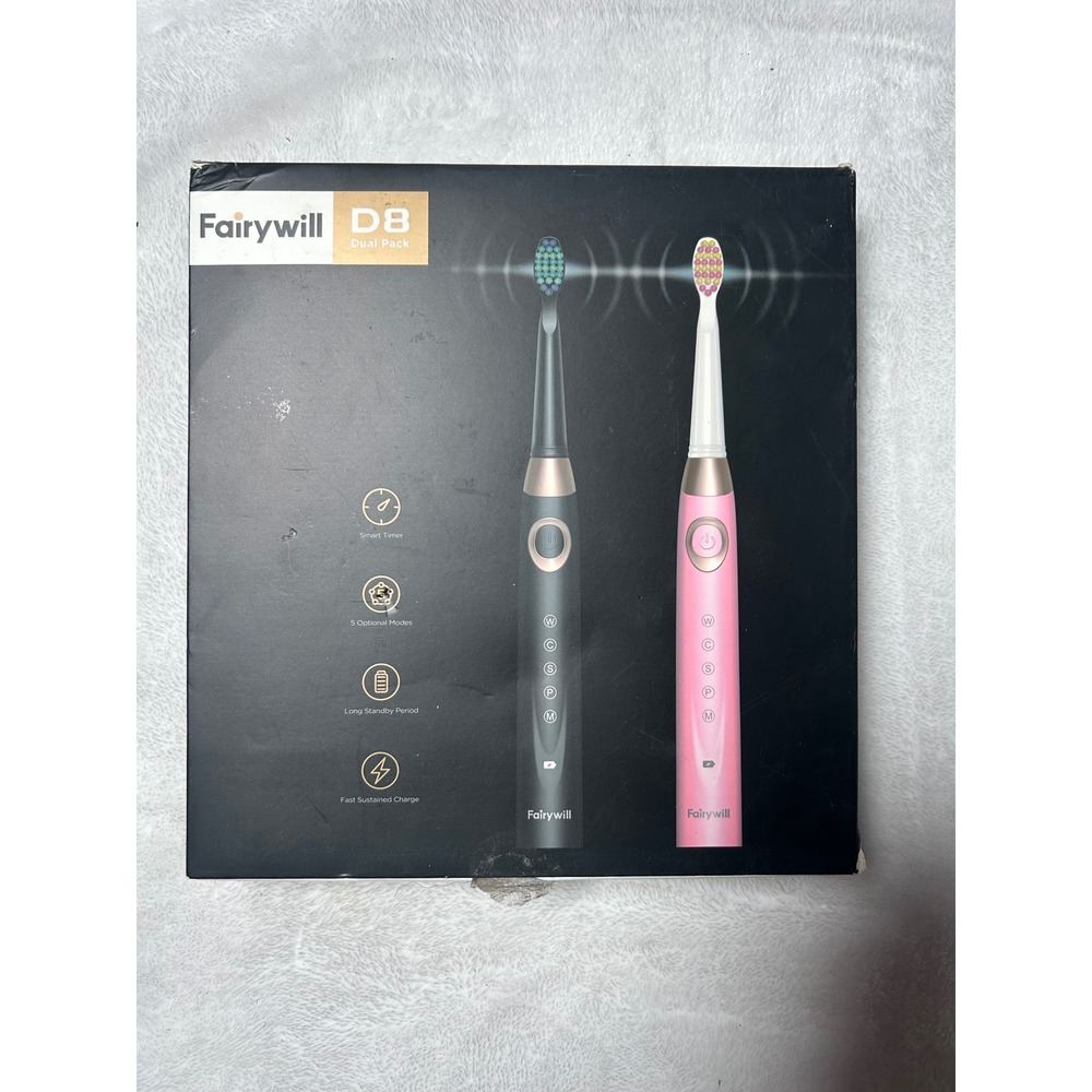 Fairywill D8 Sonic Electric Toothbrush Dual Pack Black Pink 8 Heads 2 Cases NEW